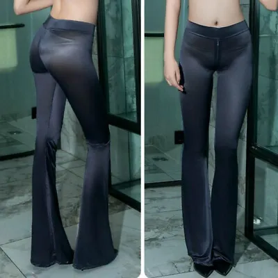 Sexy Lady See Through Flare Pant Trouser Zip Crotch Sheer High Waist Bell Bottom • £18.85