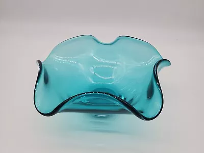 Lenox Organics Turquoise Blue Teal Art Glass Wave Ruffle Bowl Crystal Poland 10  • $39.99