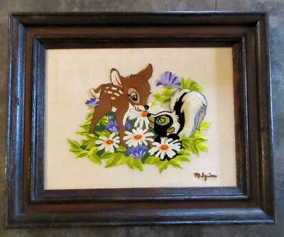 Nice Vintage Original Bambi & Flower Embroidered Needlework Picture/Wood Framed • $35