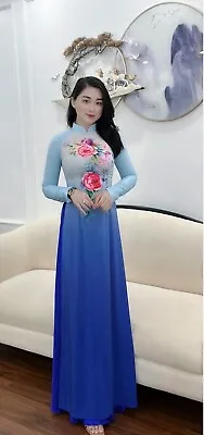 Ao Dai Vietnamese Silk Designer Flowers Long Dress With Pants. Size XL • $60