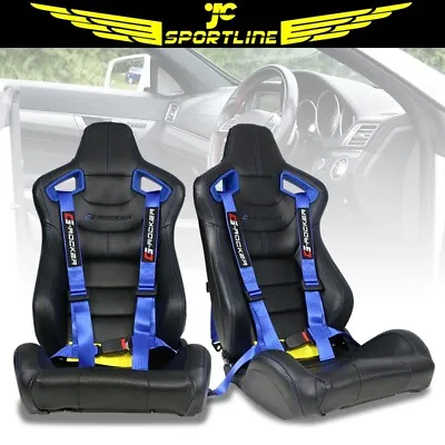 Universal Recline Racing Seat Blue Bezel Dual Slider PU &Carbon & Buckle Belt X2 • $394.99