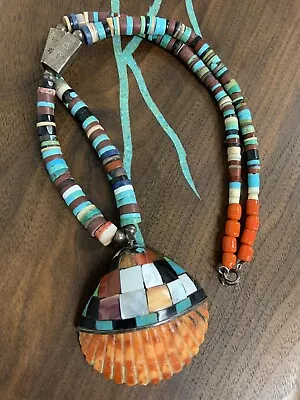 VTG Santo Domingo Turquoise Silver Inlay Decorated Shell Pendant Necklace 25” • $275