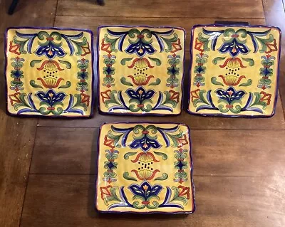 Maxcera Yellow Talavera Squared Salad Plate Hand Painted Blue Floral Set Of 4 • $64.99