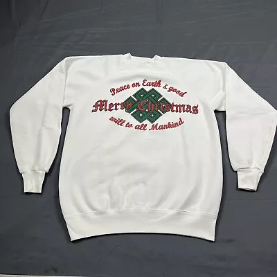 Vintage 1980s Christmas Crewneck Sweatshirt White Large Unisex VTG Winter • $34.99