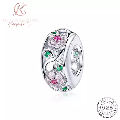 Flower Spacer Charm Genuine 925 Sterling Silver Pink Crystals • £16.49