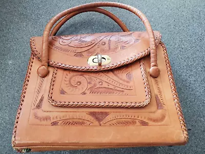 Vintage 60's 70's Gaitan Mexican Hand Tooled Leather Handbag Purse 11x9x4 • $35