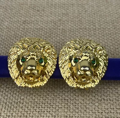Vintage Kenneth Jay Lane Pave Green Eyes Crystal Lion Head Clip On Earrings #46 • $47.20