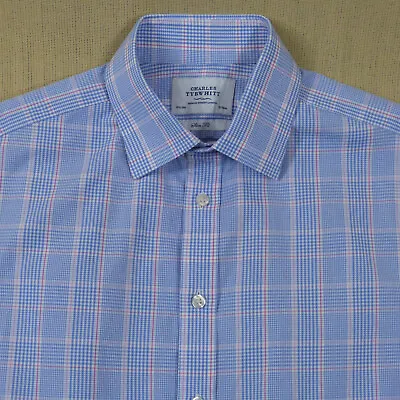 Charles Tyrwhitt Blue Check Cotton Shirt Size 15.5 Slim Fit Double French Cuff • £13.95