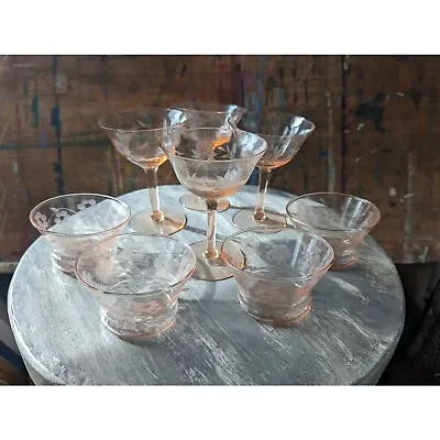 Vintage Pink Depression Glass Bowls And Champagne Glasses Floral Set Of 8 RARE! • $75