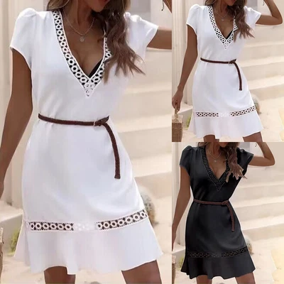 $19.56 • Buy Sexy Women Deep V-Neck Mini Dress Short Sleeve Beach Holiday Casual Loose Dress