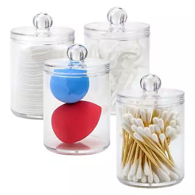 Set Of 4 Q-tip Holder Dispenser With Lids Clear Acrylic Bathroom Jars Cotton • £7.95