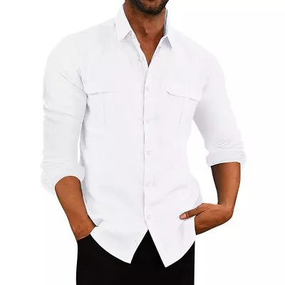 Men Cotton Linen Shirts Tops Long Sleeve Casual Button Down Blouse T Shirt M-3XL • $19.99