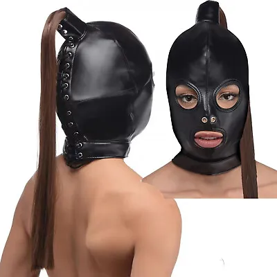 PU Leather Harness Open Mouth Eye Head Hood Mask With Braid Tail Cosplay Bondage • $32.47
