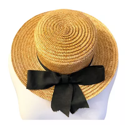 Classic Vintage Straw Boater Hat By Laura Ashley With Black Ribbon Band • $64