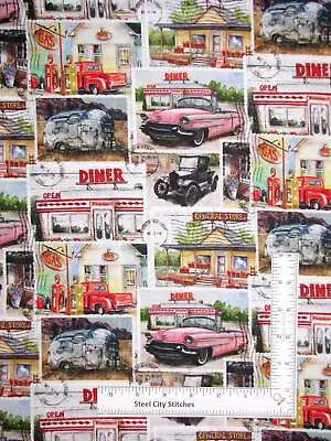 Vintage Cars Diners Campers Scene Fabric Postal Motifs Cotton CP72973 By Yard • $10.98