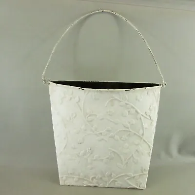 Wall Pocket Hanging Basket Embossed Tin Floral Relief Off White 12  X 13  + 8 H • $22.88