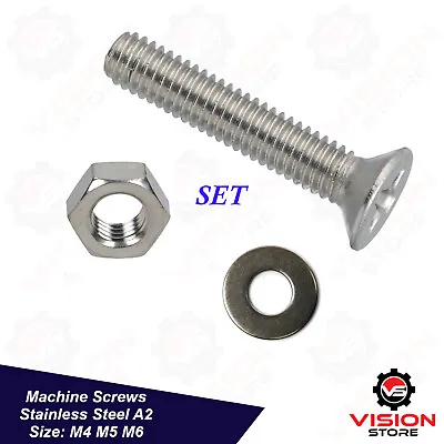 Bolts And Nuts And Washer Stainless Steel M4 M5 M6 Machine Screws Countersunk • £3.08