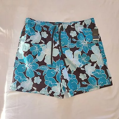 Merona Mens XL Tropical Hibiscus Brown Teal Swim Shorts Trunks Nwts  • $17.99