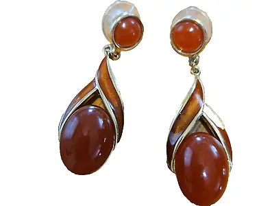 Vintage Trifari Carnelian Goldtone And Enamel Dangle Earrings • $29.52