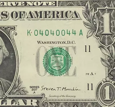 Binary Fancy Serial Number One Dollar Bill K04040044A FW Print 0s 4s • $30