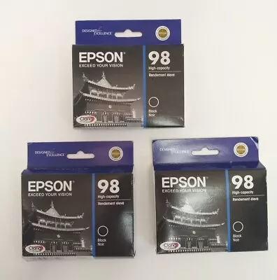 $42 • Buy 3x Genuine OEM Epson 98 C13T098120 High Capacity Black Ink Cartridge Exp 07/2015