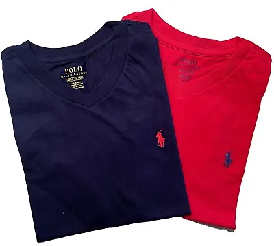 Boys Girls Ralph Lauren T Shirt New V Neck Bonus 2 Pack Navy Red Med 10 - 12 • £12.99