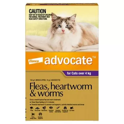 Advocate For Large Cats Over 4kg Purple Fleas Worms Heartworm Treatment 3 Pack • $53.36