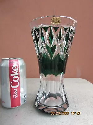 $75 • Buy Val St. Lambert Belgium Crystal Glass Green Cut To Clear 8  Corset Vase 