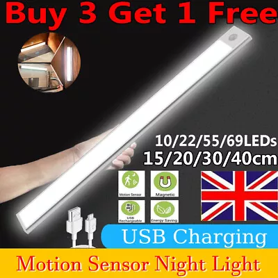 £3.99 • Buy Rechargeable LED PIR Motion Sensor Light Strip Wireless Cabinet Closet Lamp UK