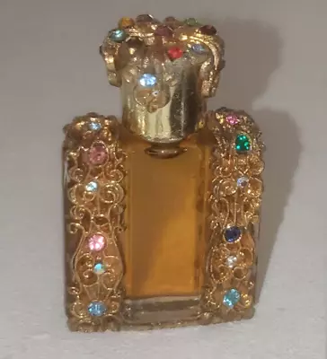 VTG Jeweled Perfume Bottle Gold Filigree Multi Color Rhinestones 2  Glass Bottle • $0.99