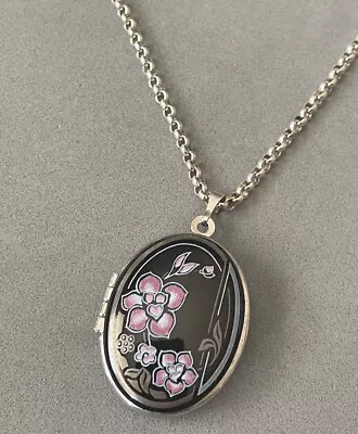 1980's MICHAELA FREY Enamel Art Nouveau Floral Locket Pendant + Sterling Chain • $125