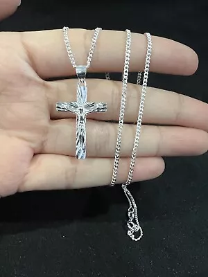 .925 Sterling Silver Mens Womens Cross Crucifix Pendant & Curb Chain 18 20 22 24 • $40