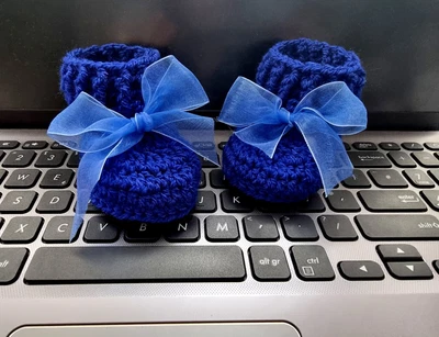 £7.49 • Buy Crochet Royal Blue Baby Boots, Hand Knit Bow Booties, Winter Socks, Slippers