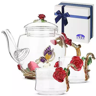 BTaT- Floral Glass Tea Set 2 Fancy Cups Small Glass Tea Set Tea Pot Glass... • $45.87