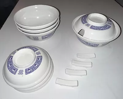 Lot SET 4 Qty Chinese Soup Bowls Lids Set & Chopstick Rest Melamine Oriental • £19.29