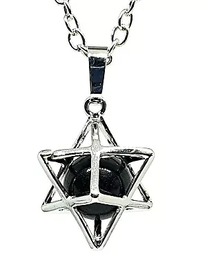 Merkaba Pendant Necklace Obsidian Gemstone Ball Chariot Sacred Geometry Unisex • £6.95