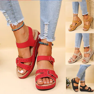 Womens Summer Casual Orthopedic Ladies Wedge Sandals Walking Slingback Shoes • £11.99