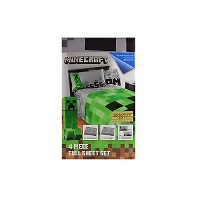 Minecraft Gray Blocks 4 Piece Kids Microfiber Full Sheet Set Gray / Green • $45