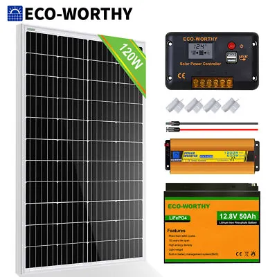 100W 200W Watt 12Volt Solar Panel Kit 50Ah Lithium Battery Home Shed RV Off Grid • £459.99