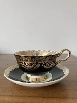 Collingwood China Cabinet Cup And Saucer Black Gold Flower Spray 608/3 • £17.95