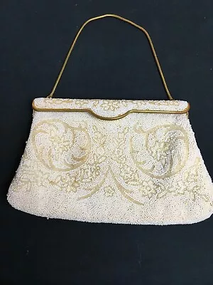 Vintage Walborg Off-White Gold Tone Beaded Spring Flap Top Handbag Hand France • $16.46