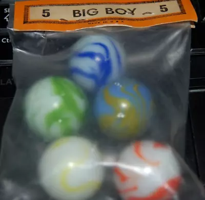 Old Marble King Bag W/5 Lg 1  Alley  Marbles Nice Blue Yellow Flame In Bag 58 • $30