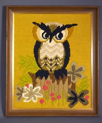 Vintage Mid Century Owl Needlepoint Crewel Completed Picture  18” • $35