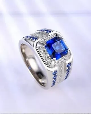 5Ct Asscher Lab Created Sapphire Halo Men's Gifts Ring 14K White Gold Plated • $118.39