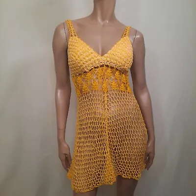 Vintage Yellow Crochet Mini Dress S Boho Festival Beach Cover Up Sleeveless • $24.72