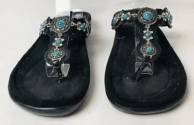 Minnetonka Women’s Thong Slippers Sz 8 Black Leather Southwest Accent Wedged • $18