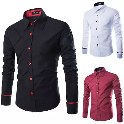 Men Formal Slim Fit Dress Shirt Top Long Sleeve Button Business Office Blouse UK • £16.90