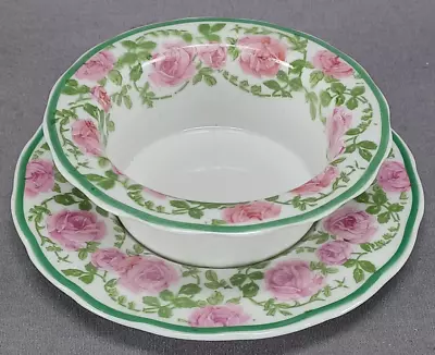 Bernardaud & Co Limoges Pink Rose & Green Leaf Scrollwork Ramekin & Saucer • £96.51