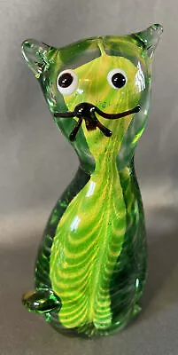 Vintage MCM VENETIAN MURANO ART GLASS Green CAT Figure JI Co Italy • $69