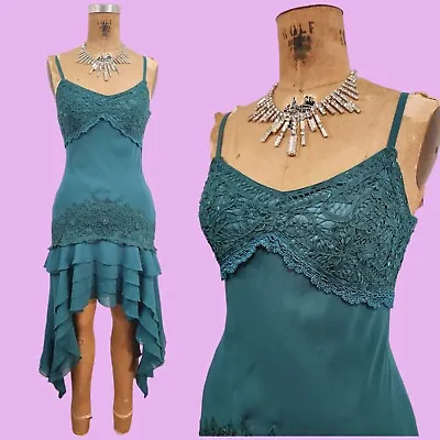 Vtg 90s Prom Dress S/M Hippie Crochet Blue Tango ChaCha Alfredo Venini Teal Lace • $49.99